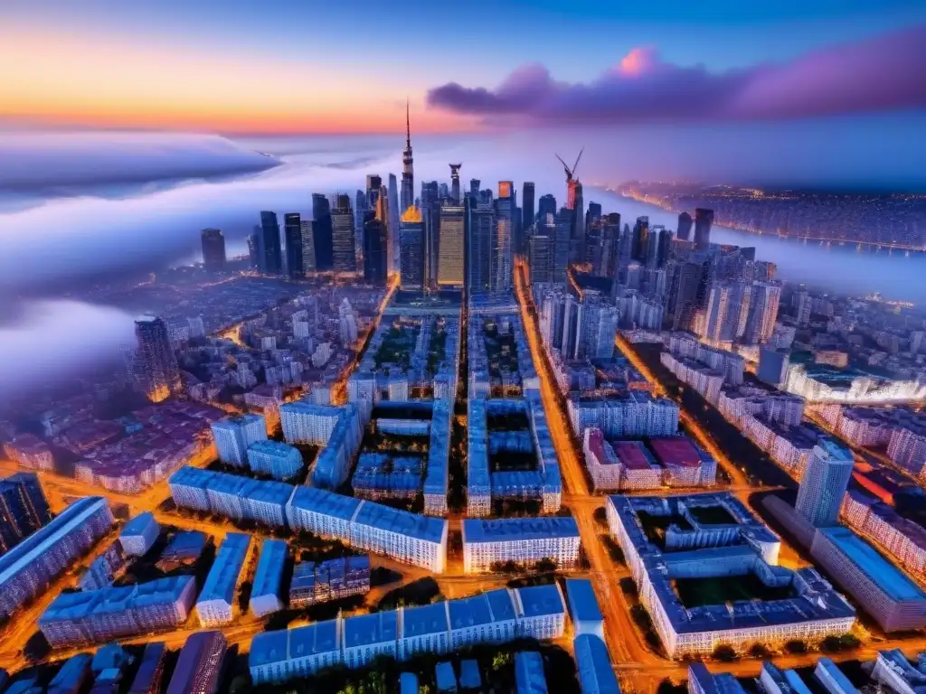 Vista aérea espectacular de ciudad iluminada al anochecer La importancia de la ubicación y accesibilidad en el valor de la vivienda en una ciudad vibrante al anochecer