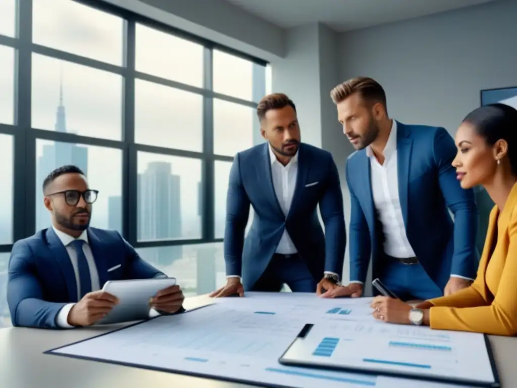 Profesionales inmobiliarios colaborando en una oficina moderna Importante reunión de profesionales inmobiliarios discutiendo con planos y gráficos financieros en oficina moderna