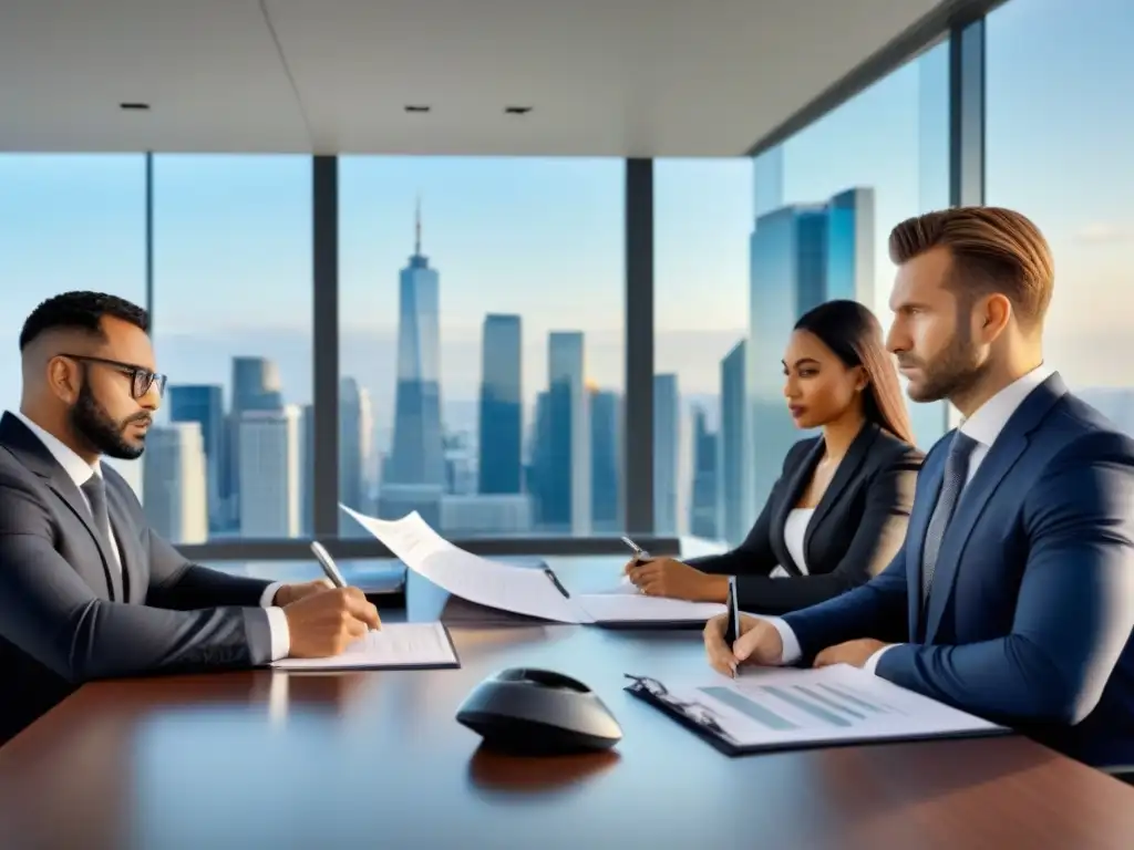 Profesionales en reunión estratégica: Regulaciones inmobiliarias 2023 Importante reunión de profesionales en traje de negocios, discutiendo sobre regulaciones inmobiliarias 2023 inversores