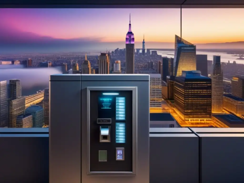 Fortaleza financiera: bóveda ultradetallada de banco en ciudad Impresionante cámara acorazada de banco con tecnología avanzada y vista panorámica a la ciudad