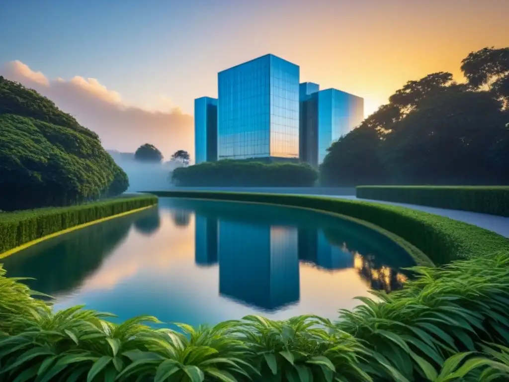 Rascacielos de cristal en entorno natural: lujo asegurado Impresionante visualización arquitectónica de un rascacielos entre vegetación, con el sol poniéndose y un estanque tranquilo