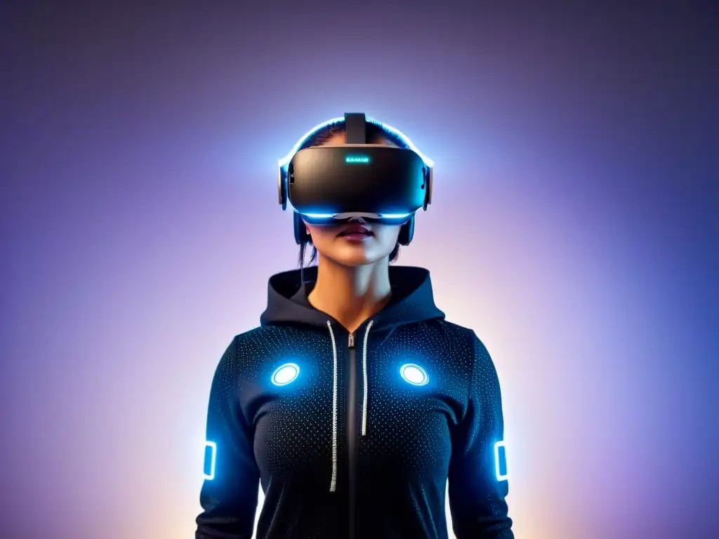Futurista auricular de realidad virtual en 8k: inmersión tecnológica Un impresionante auricular de realidad virtual flotando en el aire, rodeado de partículas digitales, creando una atmósfera tecnológica y futurista