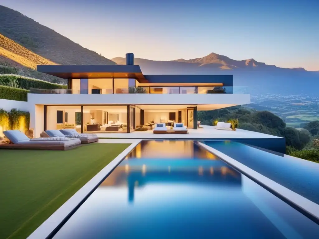 Casa de ensueño: diseño arquitectónico moderno bañado en luz dorada Una impresionante casa de diseño moderno, con líneas elegantes, ventanas amplias y una piscina de lujo