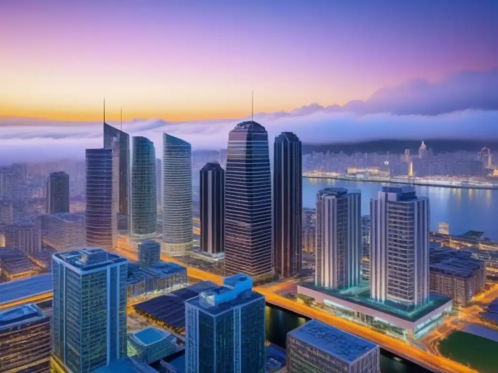 Vista panorámica de ciudad al atardecer con rascacielos iluminados Impresionante ciudad al atardecer con edificios iluminados y oficina REIT moderna, reflejando financiamiento REITs proyectos inmobiliarios