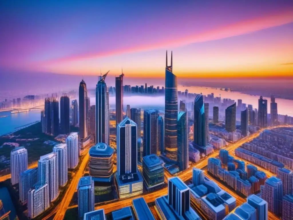 Horizonte urbano lujoso en 8k: rascacielos futuristas al atardecer Impresionante ciudad futurista al atardecer; muestra la grandeza de proyectos inmobiliarios colosales