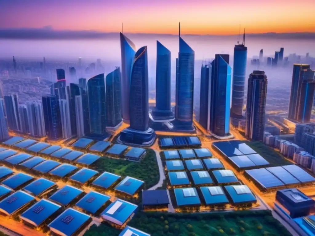 Impresionante ciudad futurista al atardecer con rascacielos y tecnología