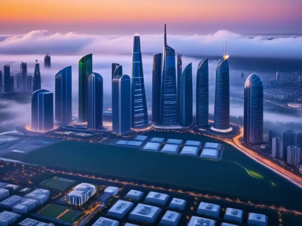 Horizonte urbano futurista: innovación y progreso en 8k Impresionante ciudad futurista al atardecer con rascacielos innovadores y espacios verdes