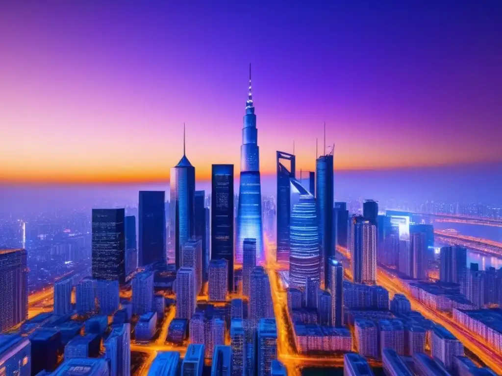 Horizonte futurista con transacciones blockchain en tiempo real Impresionante ciudad futurista al atardecer con rascacielos digitales mostrando transacciones blockchain en tiempo real