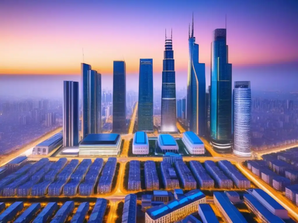 Horizonte urbano futurista al atardecer: innovación y finanzas Impresionante ciudad futurista al atardecer con rascacielos y pantallas digitales, reflejando la interconexión entre políticas habitacionales e inversión a largo plazo
