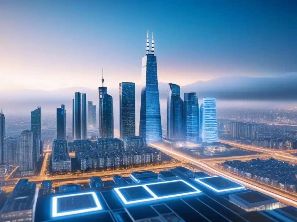 Impresionante ciudad futurista con blockchain, mostrando tendencias financiamiento inmobiliario futuro