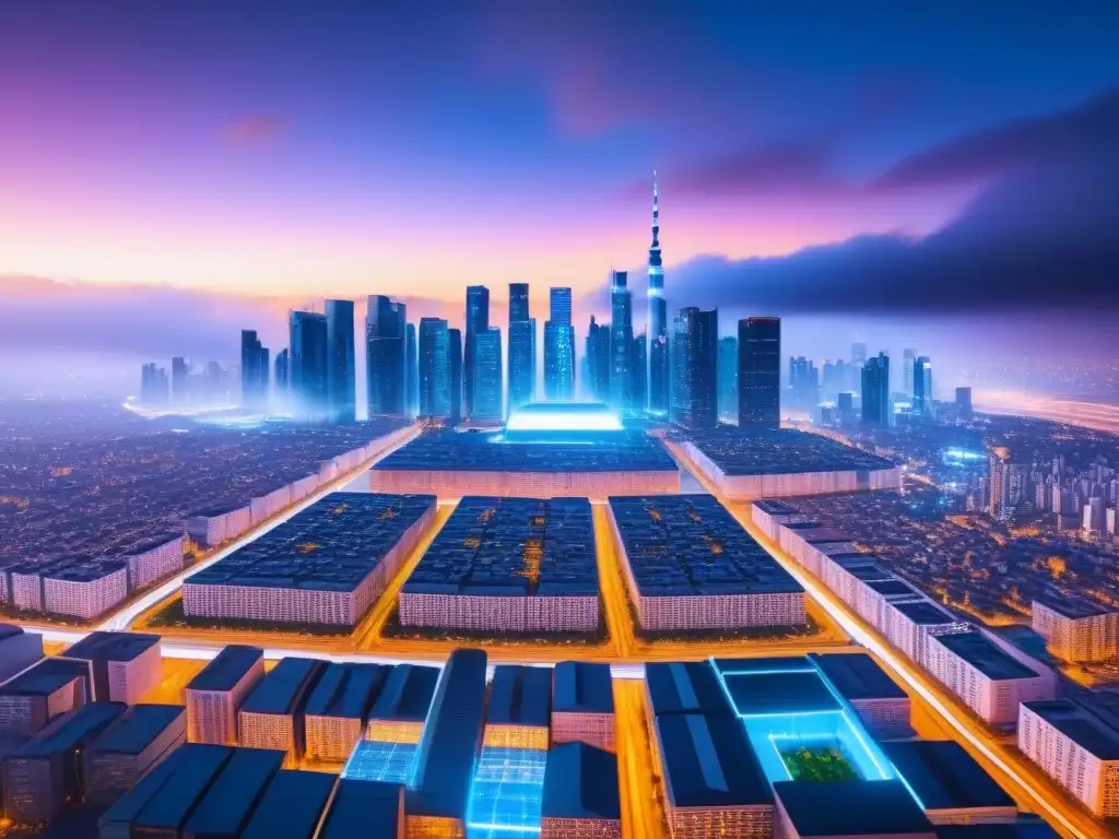 Skyline futurista: real estate en blockchain Impresionante ciudad futurista con edificios conectados por líneas de blockchain, reflejando el financiamiento inmobiliario basado en blockchain