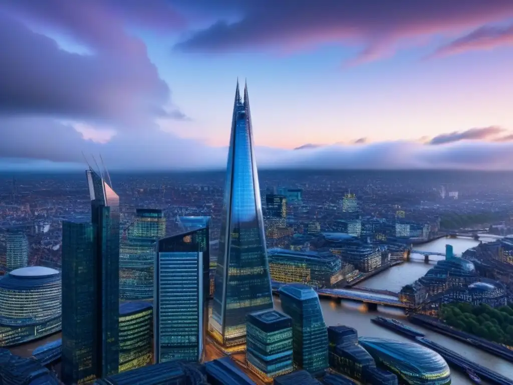 Cityscape post-Brexit: arquitectura futurista y tradicional en Londres Impresionante ciudad futurista con edificios icónicos, reflejando el Brexit impacto mercado inmobiliario