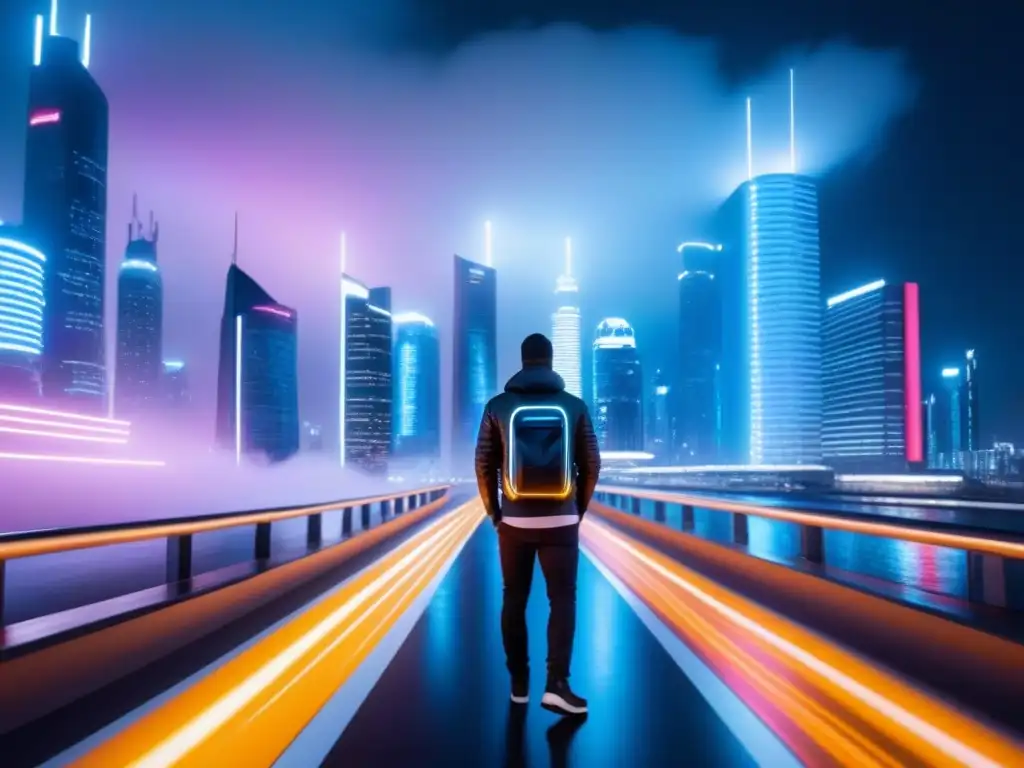 Impresionante ciudad futurista iluminada por luces de neón, simbolizando la importancia de los REITs comerciales en la economía