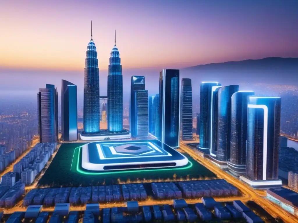 Metrópolis futurista: Revolución AI en valuación inmobiliaria Impresionante ciudad futurista al anochecer con inteligencia artificial en valoración inmobiliaria