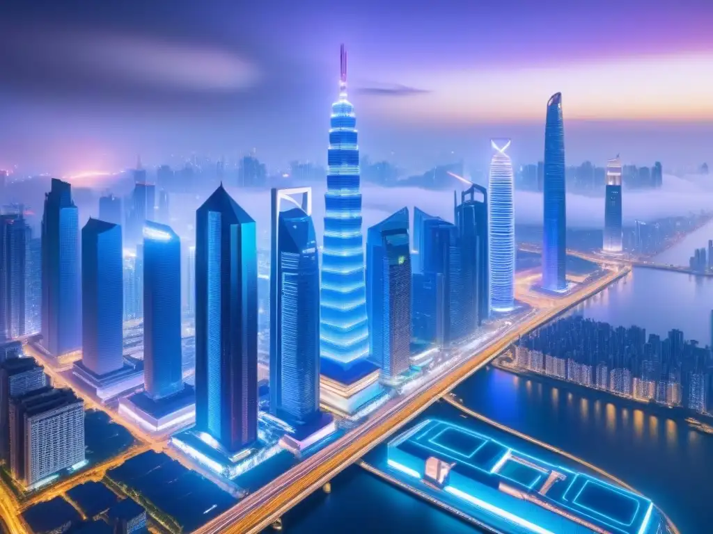 Metrópolis futurista en Asia: rascacielos blockchain Impresionante ciudad futurista en Asia con tecnología blockchain y modernos rascacielos