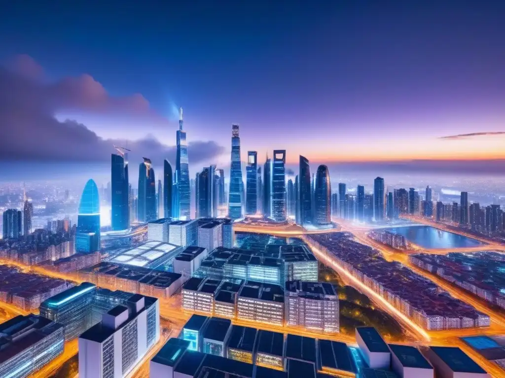 Metrópolis futurista: ciberseguridad en finanzas inmobiliarias Impresionante ciudad futurista de noche con rascacielos iluminados y tecnología avanzada