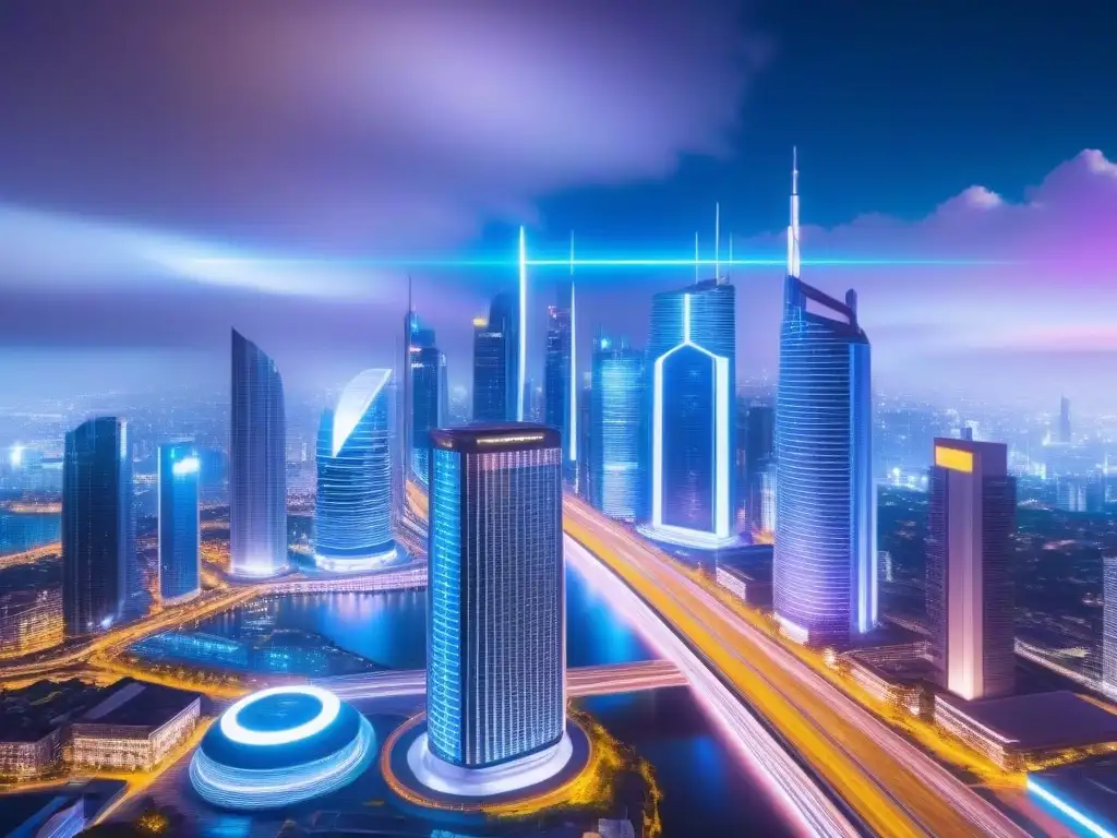 Metrópolis futurista: Fintech inmobiliario de vanguardia Impresionante ciudad futurista de noche con rascacielos iluminados y autos voladores
