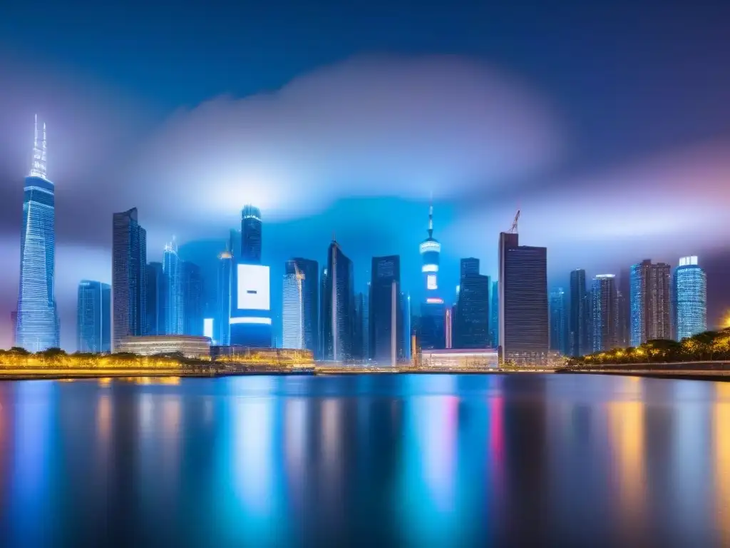 Metropolis futurista: publicidad inmobiliaria nocturna Impresionante ciudad futurista de noche con rascacielos iluminados y publicidad digital para mercado inmobiliario