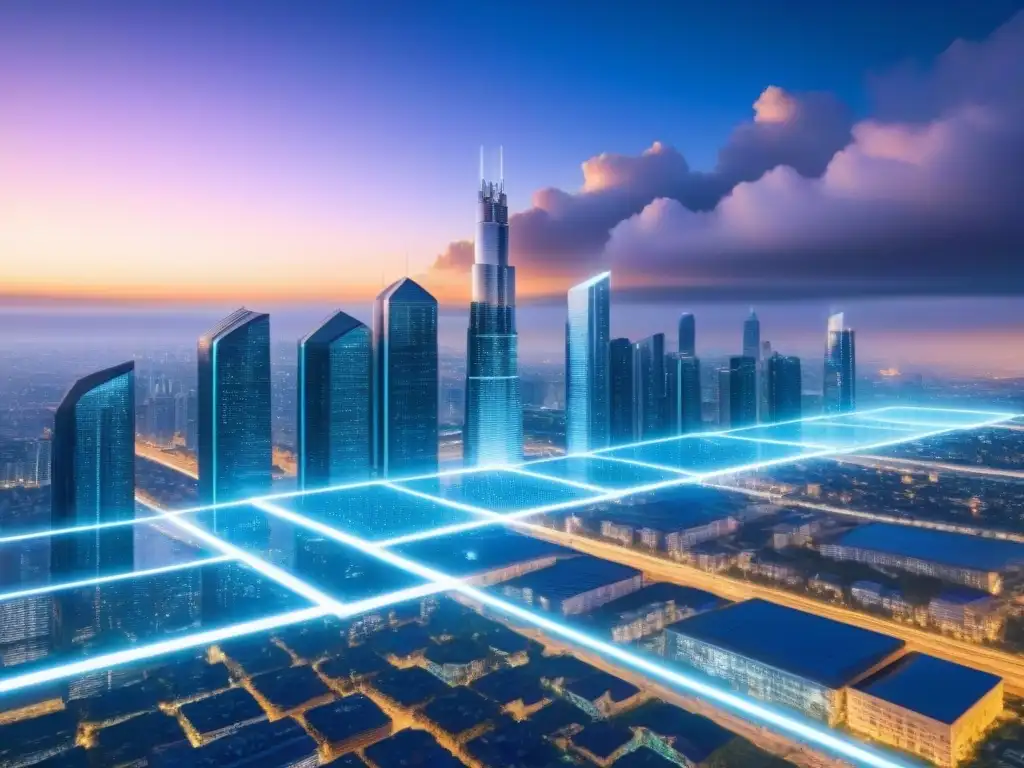 Skyline futurista: blockchain revoluciona transacciones inmobiliarias Impresionante ciudad futurista al anochecer con rascacielos iluminados y tecnología blockchain en bienes raíces