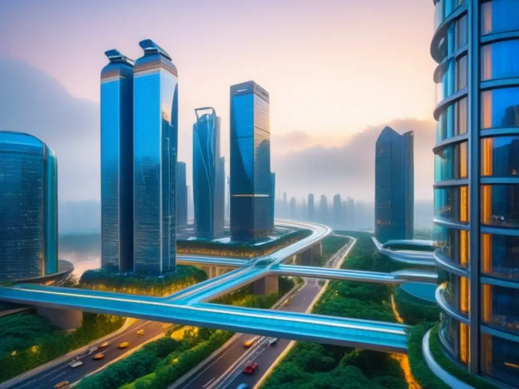 Innovadora ciudad futurista con rascacielos verdes y coches voladores Impresionante ciudad futurista, con rascacielos conectados por pasarelas transparentes, iluminados con luces vibrantes y vegetación exuberante