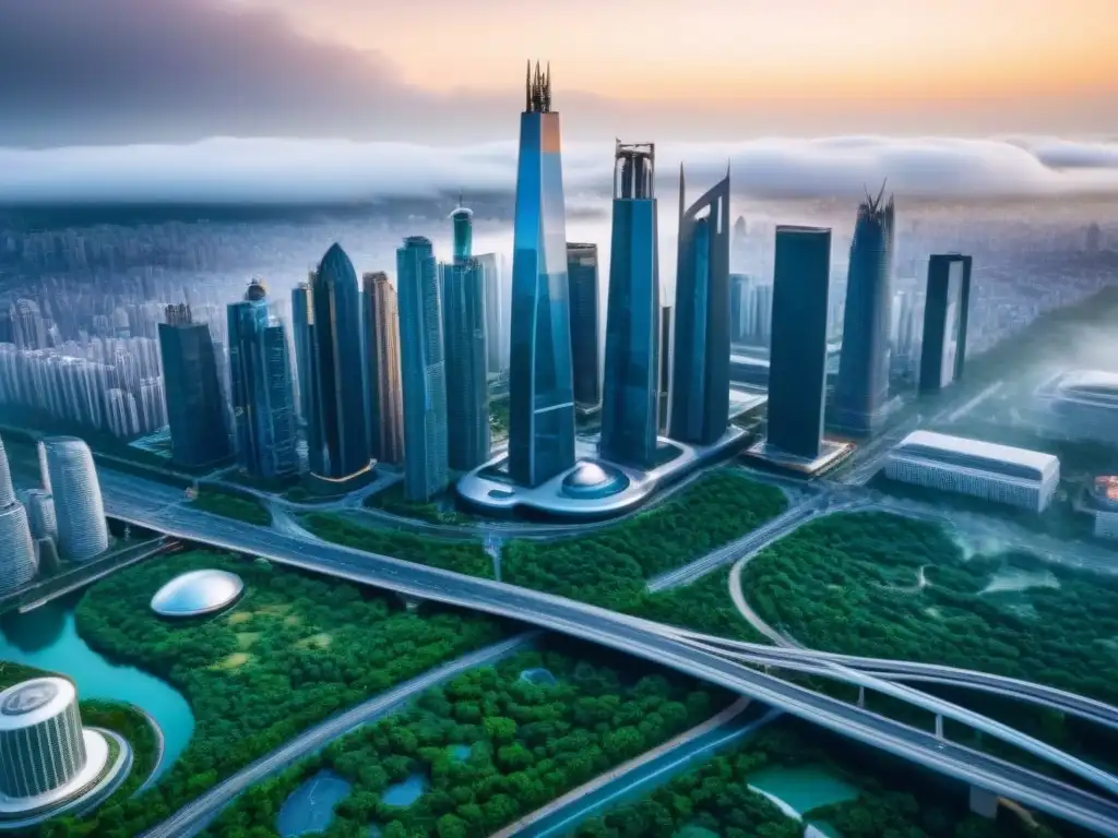 Metrópolis futurista: arquitectura moderna y sostenible Impresionante ciudad futurista con rascacielos, calles bulliciosas y espacios verdes integrados