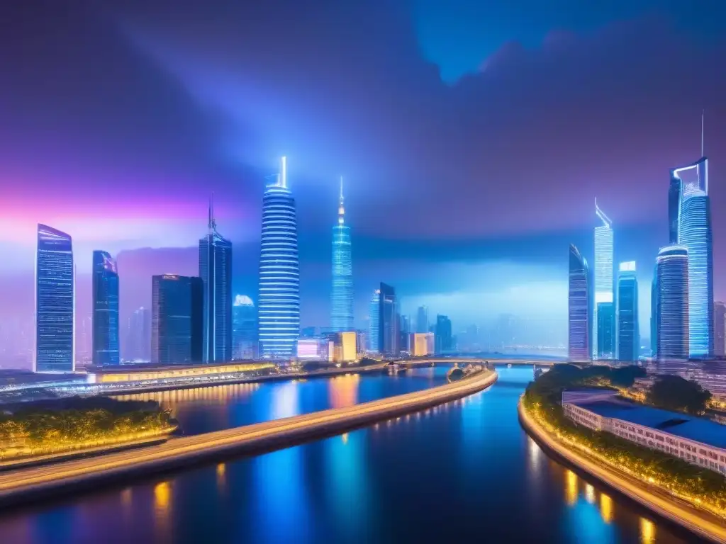 Metrópolis futurista: luces neón y prosperidad comercial Impresionante ciudad futurista con rascacielos iluminados y datos inmobiliarios, reflejando modernidad y oportunidad