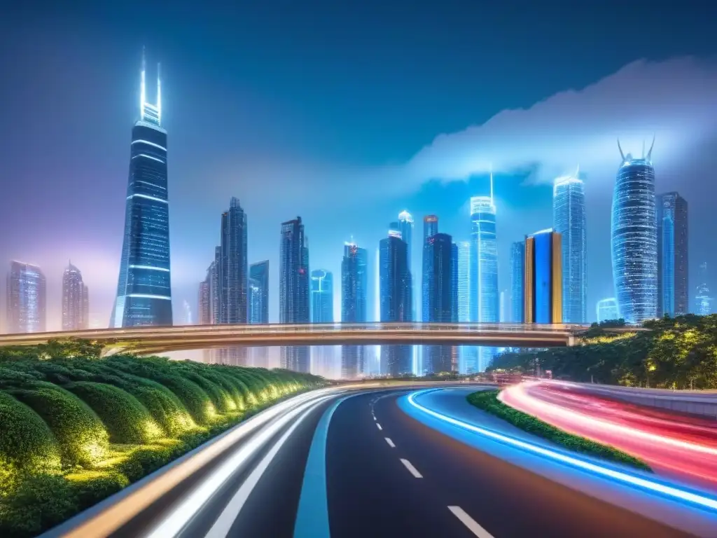 Metrópolis futurista: inmuebles innovadores y leyes de protección de datos Impresionante ciudad futurista con rascacielos y puentes tecnológicos, reflejando la innovación en transacciones inmobiliarias