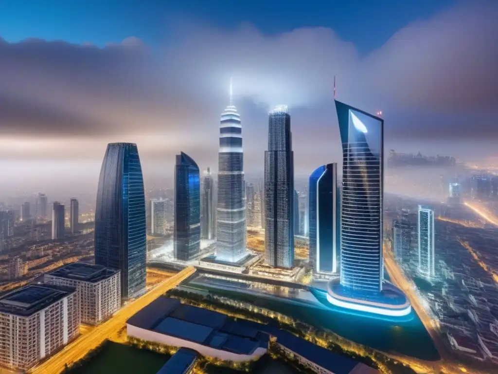 Impresionante ciudad futurista con rascacielos iluminados, reflejando riesgos legales financiamiento inmobiliario online