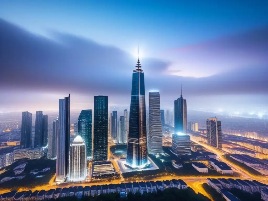 Predicciones inmobiliarias con IA: Ciudad futurista y datos en tiempo real Impresionante ciudad futurista con rascacielos y datos inmobiliarios, mostrando la Predicción valor propiedad IA