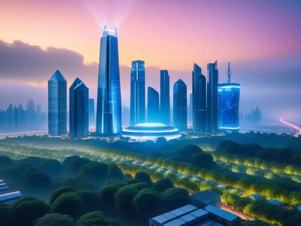 Metrópolis futurista: skyline tecnológico y moderno Impresionante ciudad futurista al anochecer con rascacielos y tecnología avanzada, rodeada de vegetación exuberante