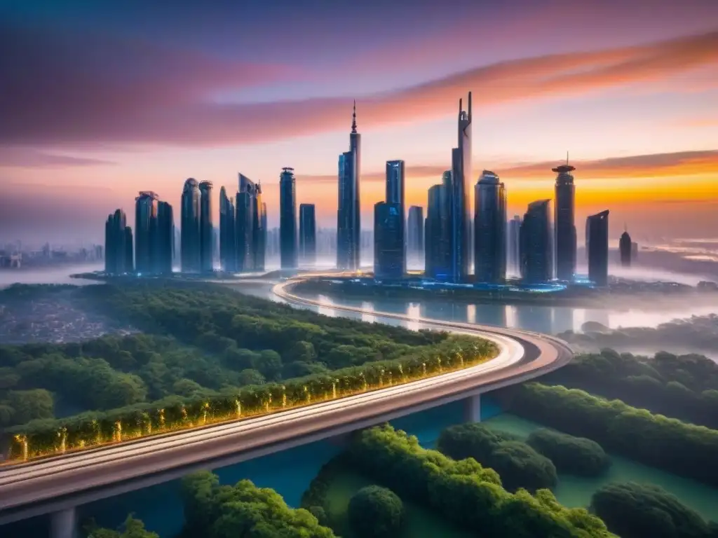 Horizonte futurista: ciudad innovadora con rascacielos de vidrio y acero Impresionante ciudad futurista con rascacielos de vidrio y acero, calles llenas de vehículos eléctricos y espacios verdes al atardecer