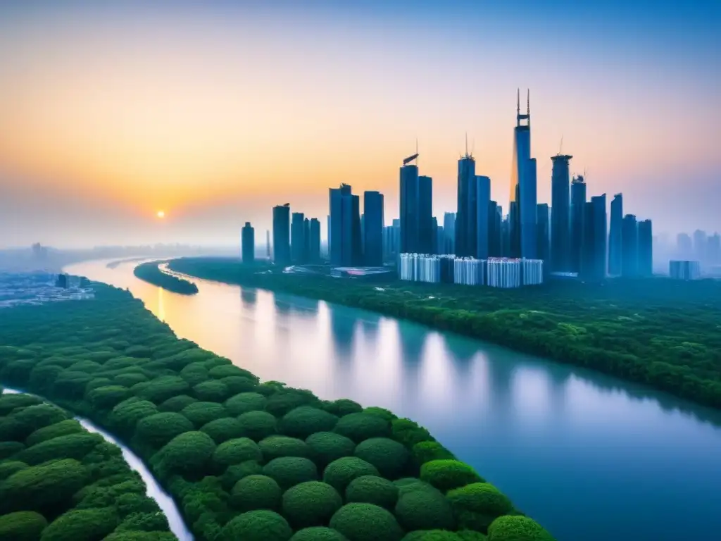 Horizonte futurista: ciudad dorada y verde en 8k Impresionante ciudad futurista reflejando el sol dorado, entre naturaleza y río, clave en inversión inmobiliaria