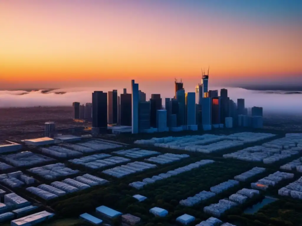 Horizonte urbano al atardecer: crecimiento y propiedades Impresionante ciudad moderna al atardecer, reflejando el sol en rascacielos, resaltando beneficios fiscales propietarios inmobiliarios