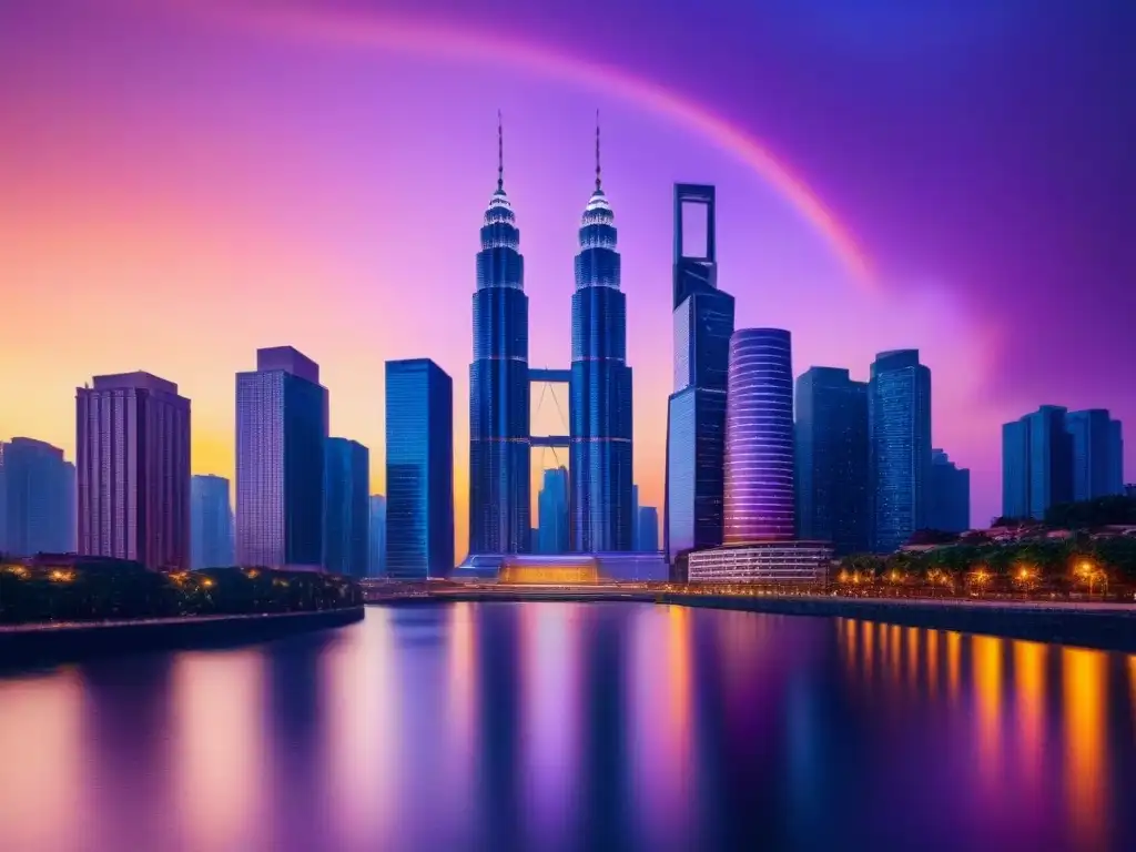 Cityscape moderno al atardecer: luces, río y prosperidad Impresionante ciudad moderna al atardecer con rascacielos iluminados reflejados en un río sereno