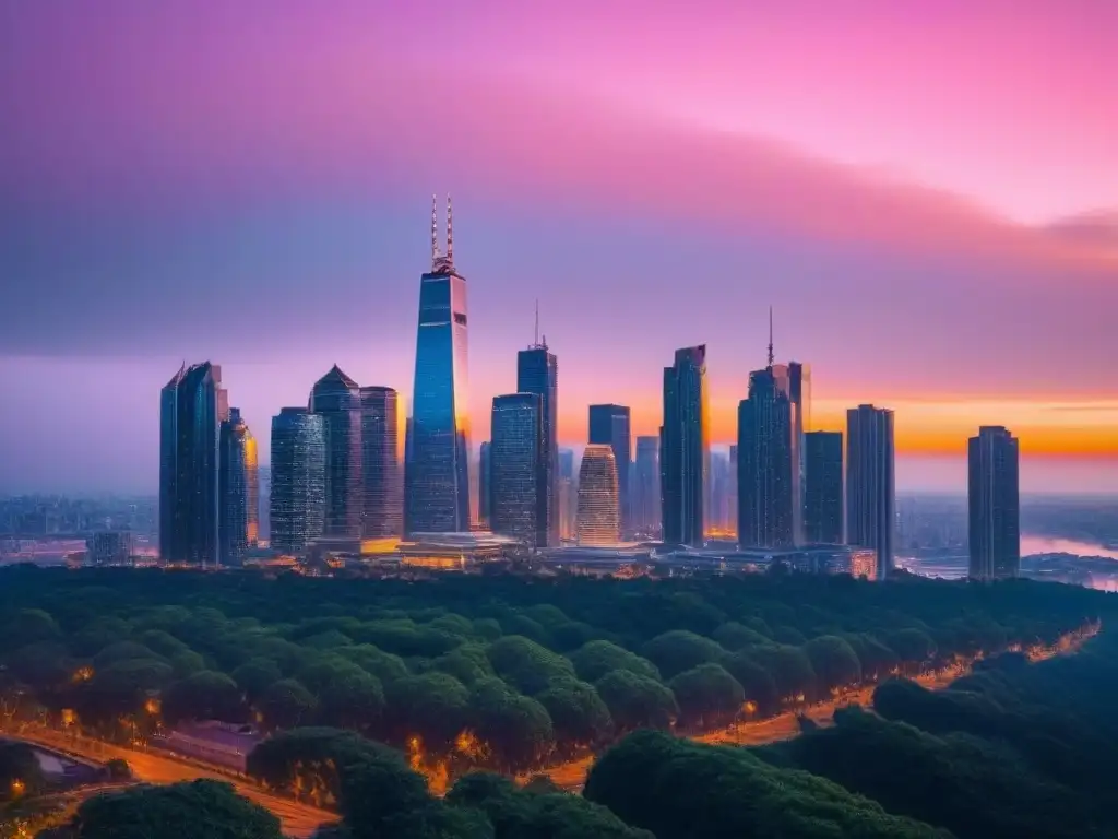 Horizonte urbano moderno al atardecer: 8k detallado Impresionante ciudad moderna al atardecer con rascacielos iluminados y cielo naranja y rosa