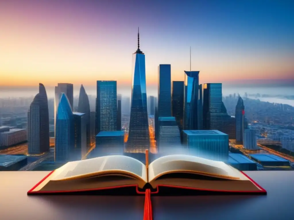 Skyline legal con gavels y libros: riesgos préstamos inmobiliarios Impresionante ciudad moderna con elementos legales integrados, representando los riesgos legales en préstamos inmobiliarios