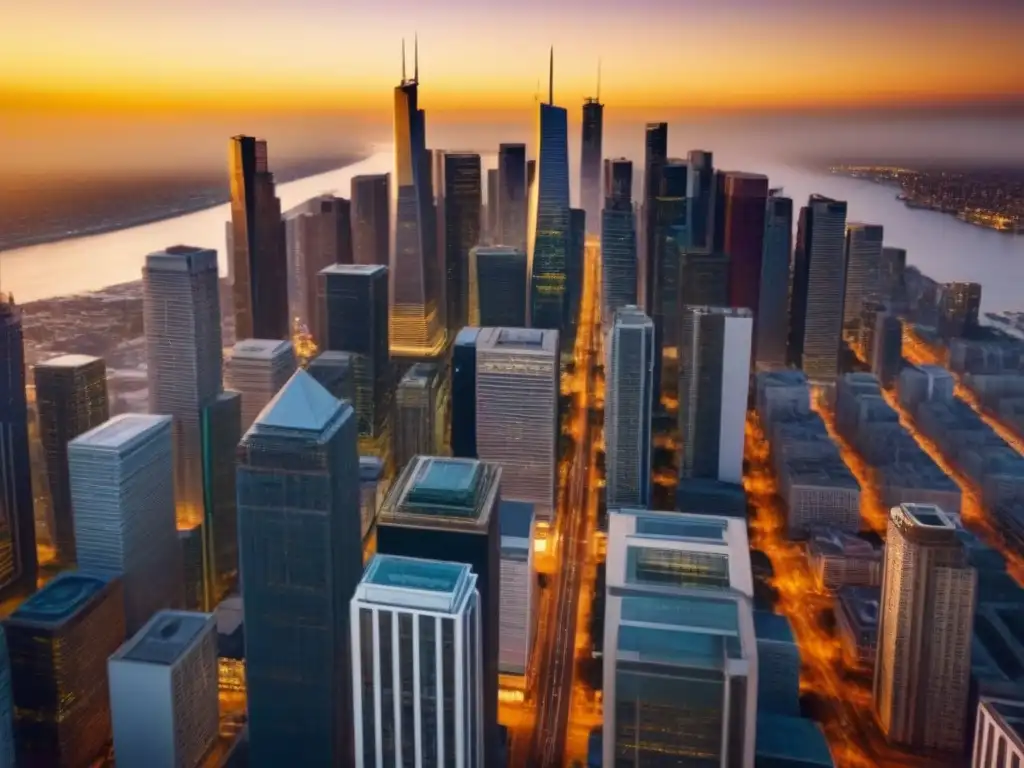 Esplendor urbano: Atardecer dorado en la metrópolis Impresionante ciudad moderna con rascacielos brillando bajo un atardecer dorado, reflejando el sol y creando sombras largas en las calles