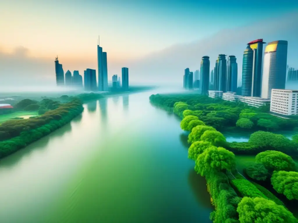 Metrópolis moderna: armonía entre rascacielos y naturaleza Impresionante ciudad moderna con rascacielos y parques verdes, simbolizando equilibrio entre rentabilidad y protección en seguros inmobiliarios