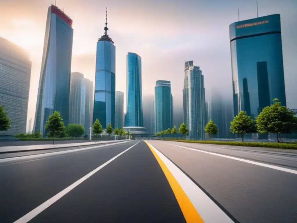 Metrópolis moderna: regulaciones inmobiliarias en la urbe Impresionante ciudad moderna con rascacielos de cristal, profesionales y la normativa local en inmuebles