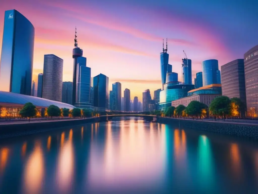 Horizonte urbano al atardecer: inversión en REITs Impresionante ciudad con rascacielos al anochecer, reflejándose en un río tranquilo, destacando la Importancia REITs en inversiones inmobiliarias