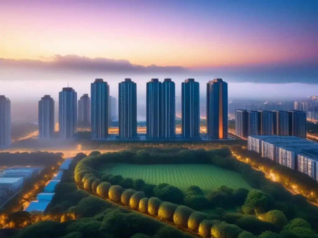 Condominio de lujo al atardecer: arquitectura moderna en 8k Impresionante complejo residencial de lujo con vista a la ciudad al atardecer, destacando el valor percibido de los bienes raíces