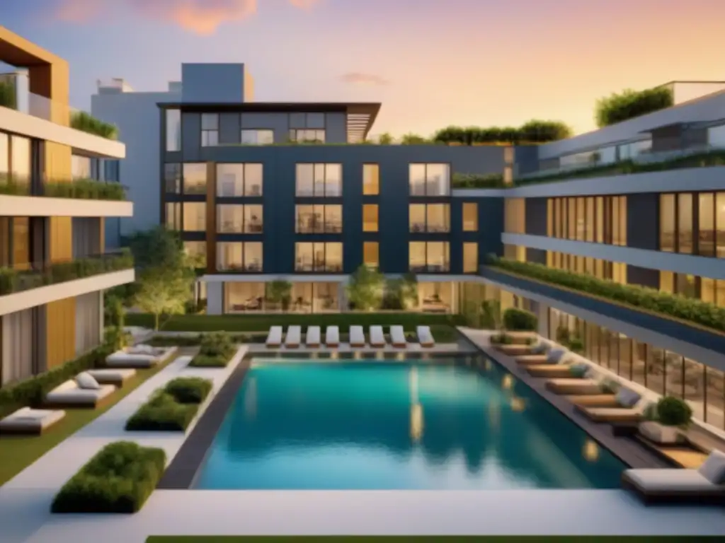 Residencial de lujo al atardecer: modernidad y comunidad Impresionante complejo residencial moderno al atardecer, reflejando la vida comunitaria y las leyes propiedad horizontal 2021