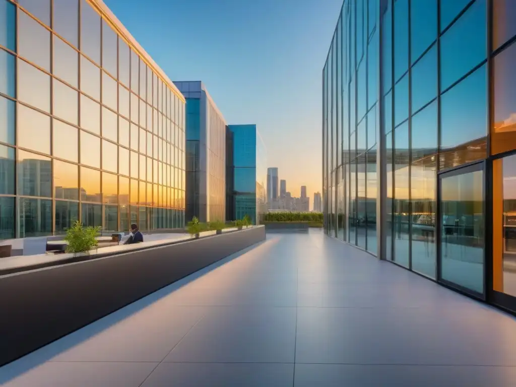 Edificio comercial de vanguardia al atardecer en la ciudad Un impresionante desarrollo inmobiliario comercial moderno iluminado por el sol poniente, reflejos y arquitectura vanguardista