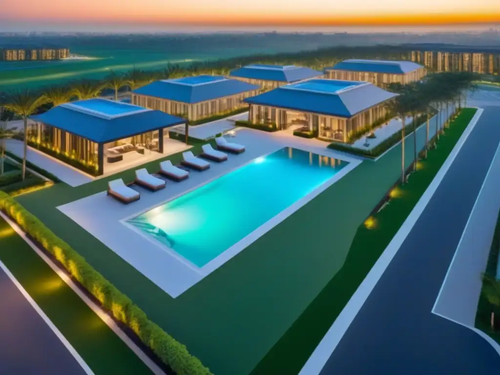 Exclusivo desarrollo inmobiliario de lujo al atardecer Un impresionante desarrollo inmobiliario de lujo con diseño moderno, paisajismo impecable y lujosas comodidades