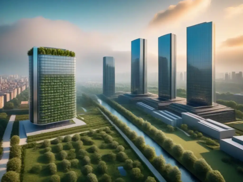 Edificio sostenible: arquitectura moderna en armonía con la naturaleza Impresionante diseño arquitectónico moderno con espacios verdes integrados y paneles solares