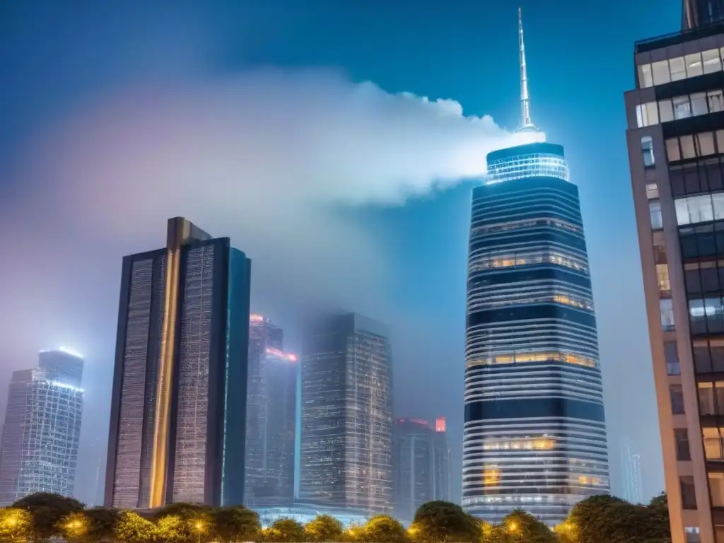 Edificio de lujo con diseño moderno y elegante en la ciudad de noche Un impresionante diseño arquitectónico moderno de un edificio de gran altura con ventanas de piso a techo, reflejando el paisaje urbano nocturno