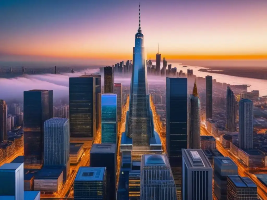 Impresionante distrito financiero futurista con rascacielos y drones volando al atardecer dorado