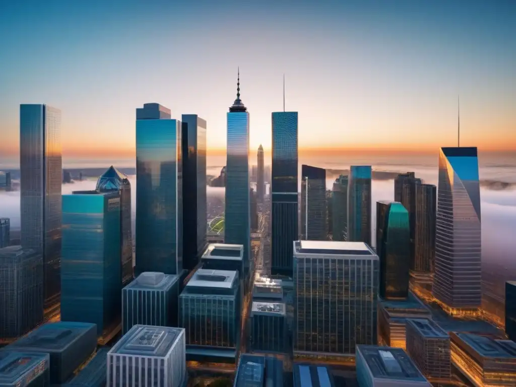 Horizonte financiero futurista: Ciudad moderna en 8k Impresionante distrito financiero con rascacielos futuristas bañados por el sol poniente