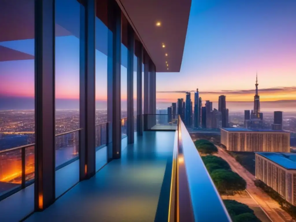 Edificio de apartamentos de lujo en la ciudad al atardecer Impresionante edificio de apartamentos moderno con ventanales de piso a techo, reflejando el vibrante horizonte urbano al anochecer