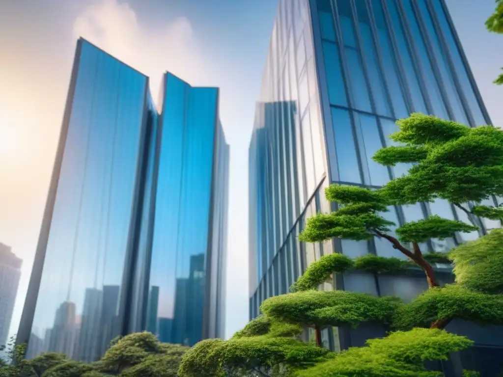 Edificio comercial futurista: arquitectura de vanguardia en la ciudad Un impresionante edificio comercial futurista en el centro financiero, reflejando la mezcla de naturaleza y modernidad